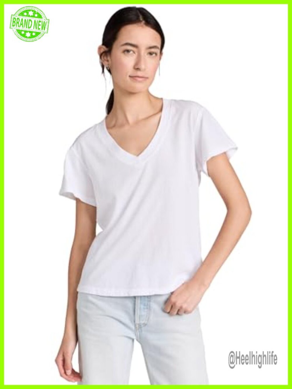 Boxy V Neck Short Sleeve Cotton Tee Relaxed Casual Vacation Top